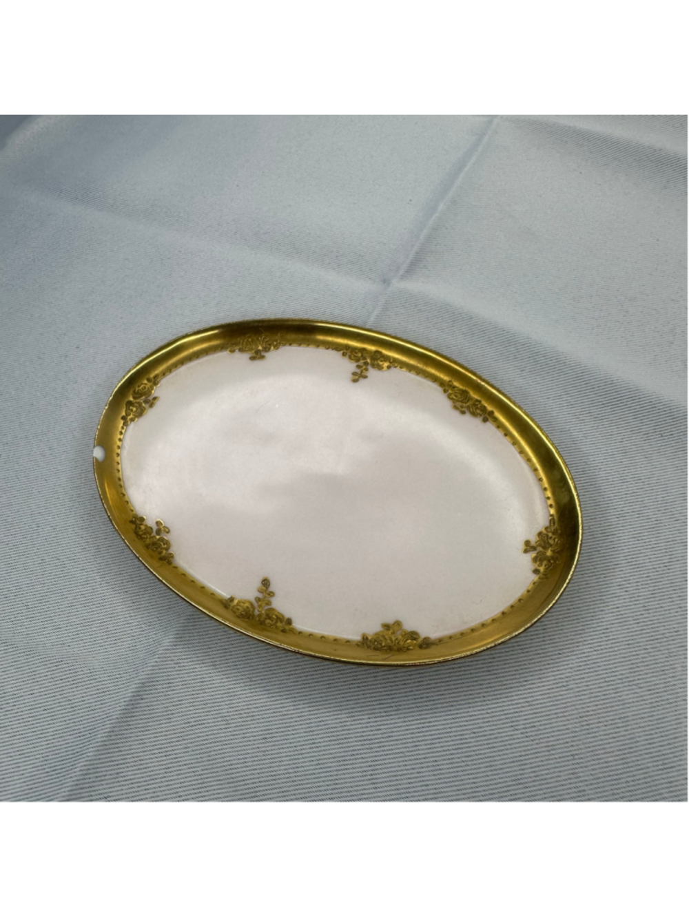 Antique Haviland Limoges France Gilt Oval Porcelain Dish Tray Gold w Rose Motif